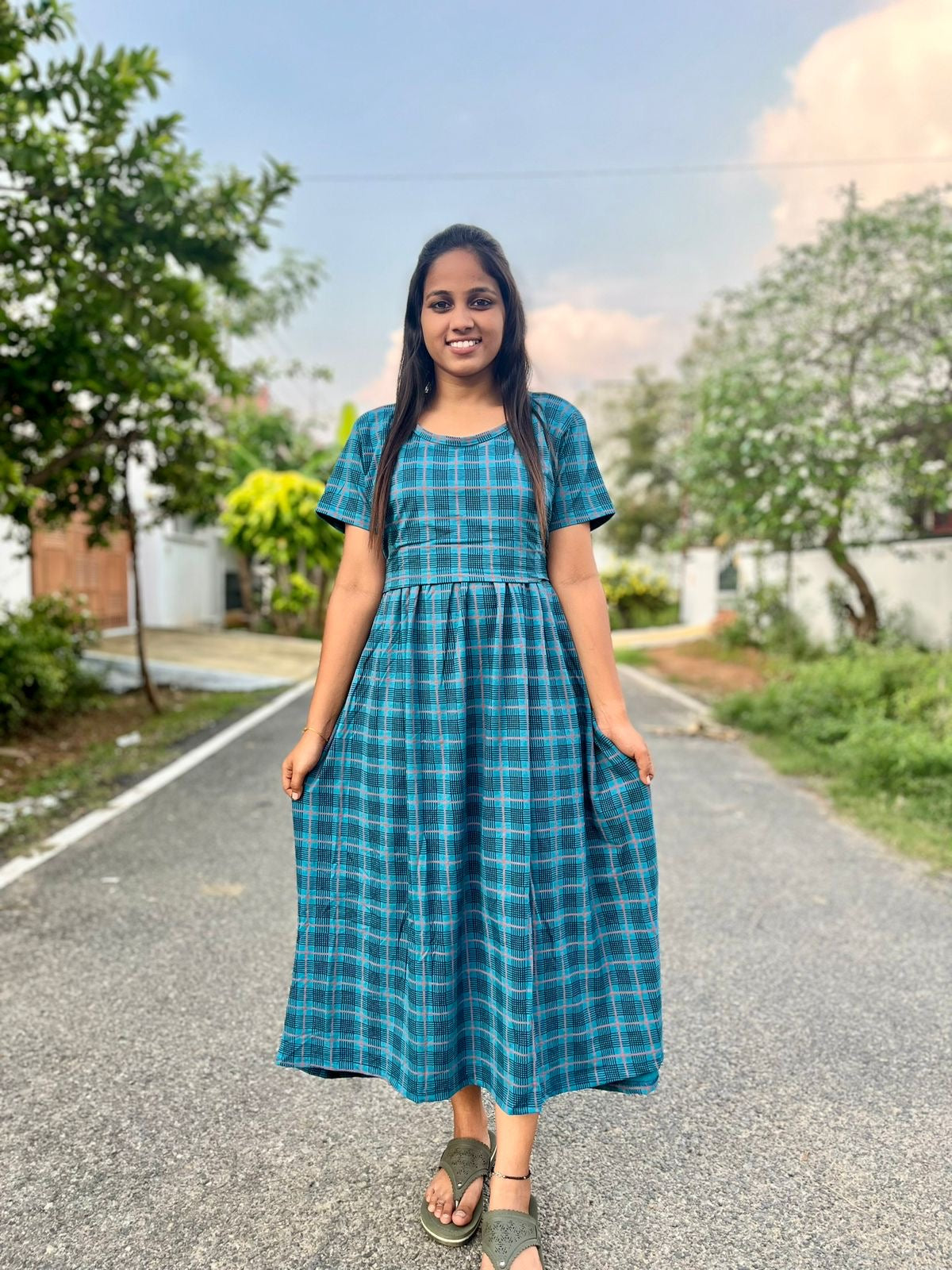 Blue Checks Calf Length Maxi