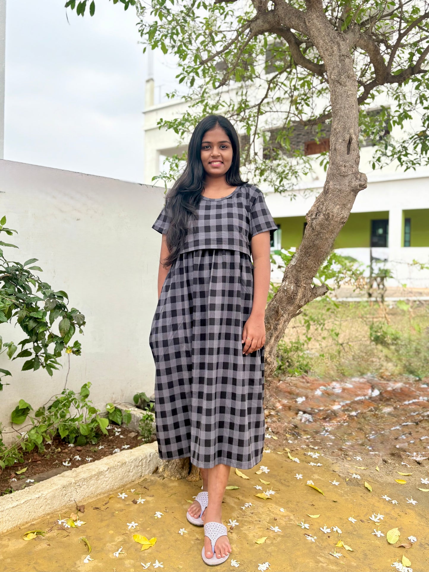 Grey Classic Checks Calf Length Maxi