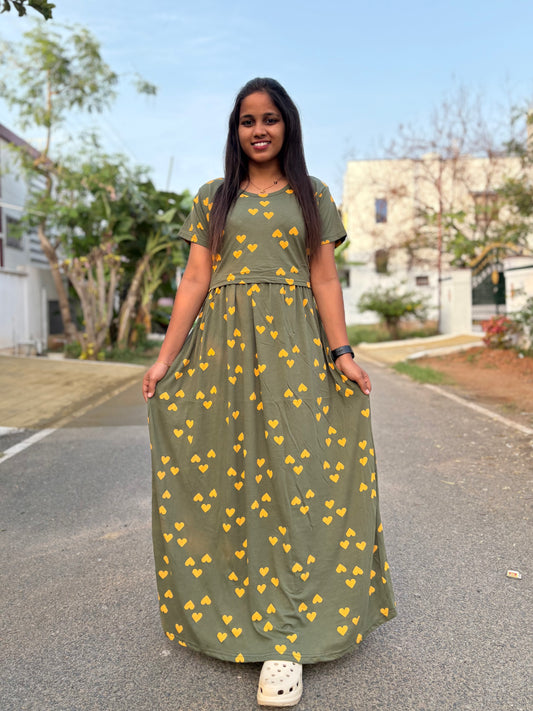 Olive Mini Hearts Full Length Maxi