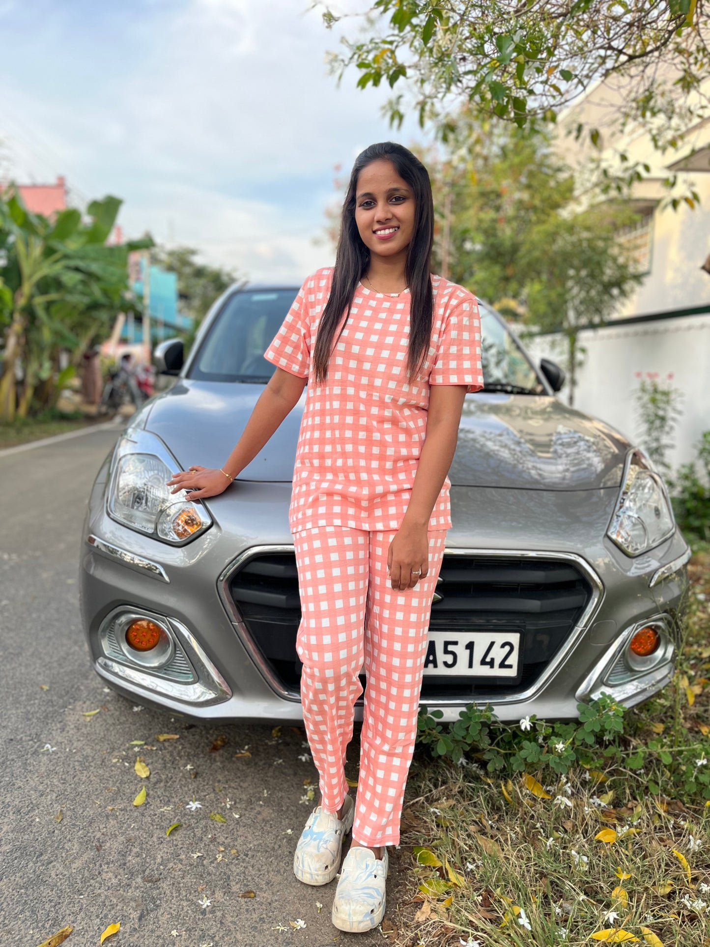 Peach Checks Lounge Set