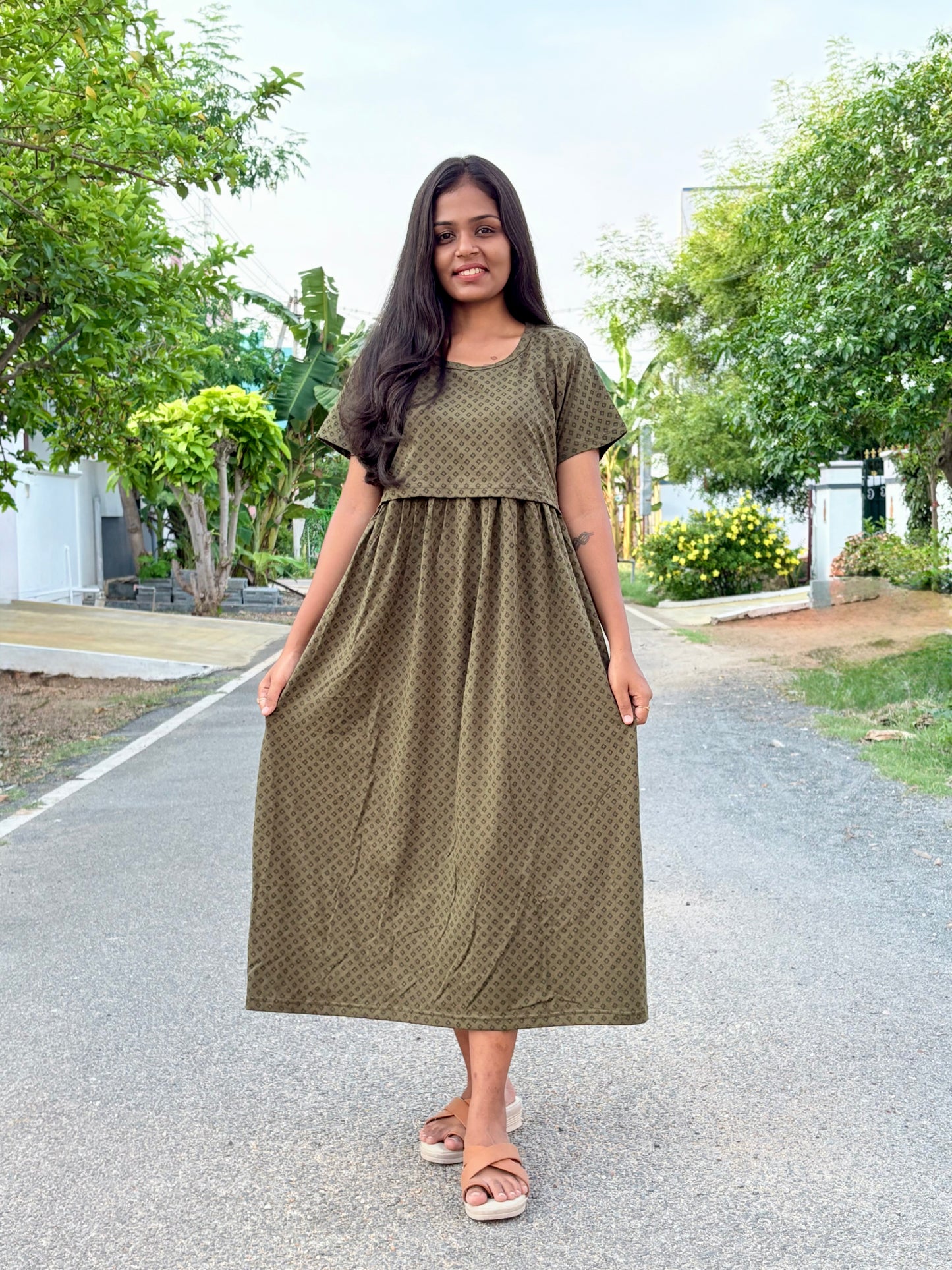 Olive Charm Calf Length Maxi