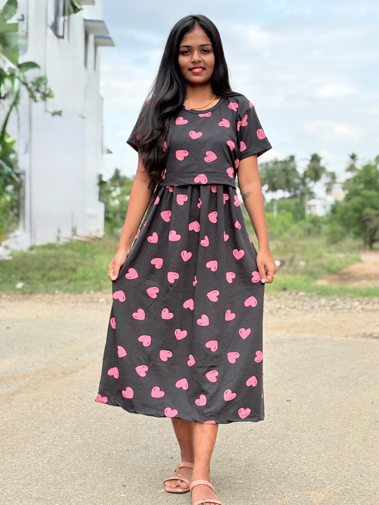 Pink Hearts Calf Length Maxi
