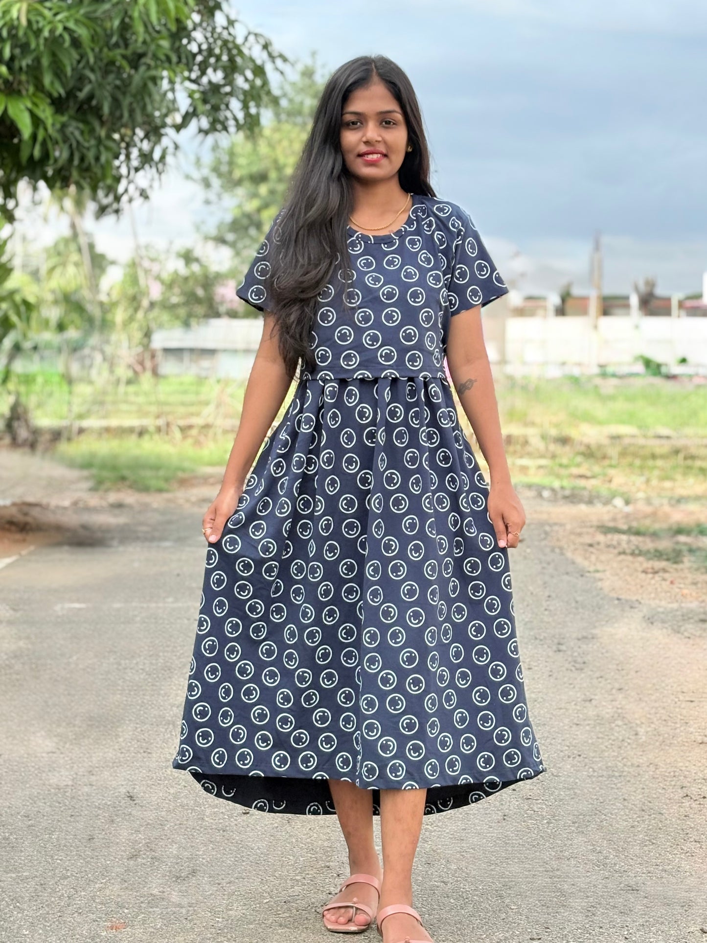 Blue Smiley Calf Length Maxi