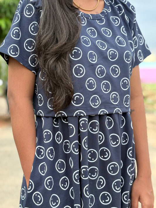 Blue Smiley Calf Length Maxi