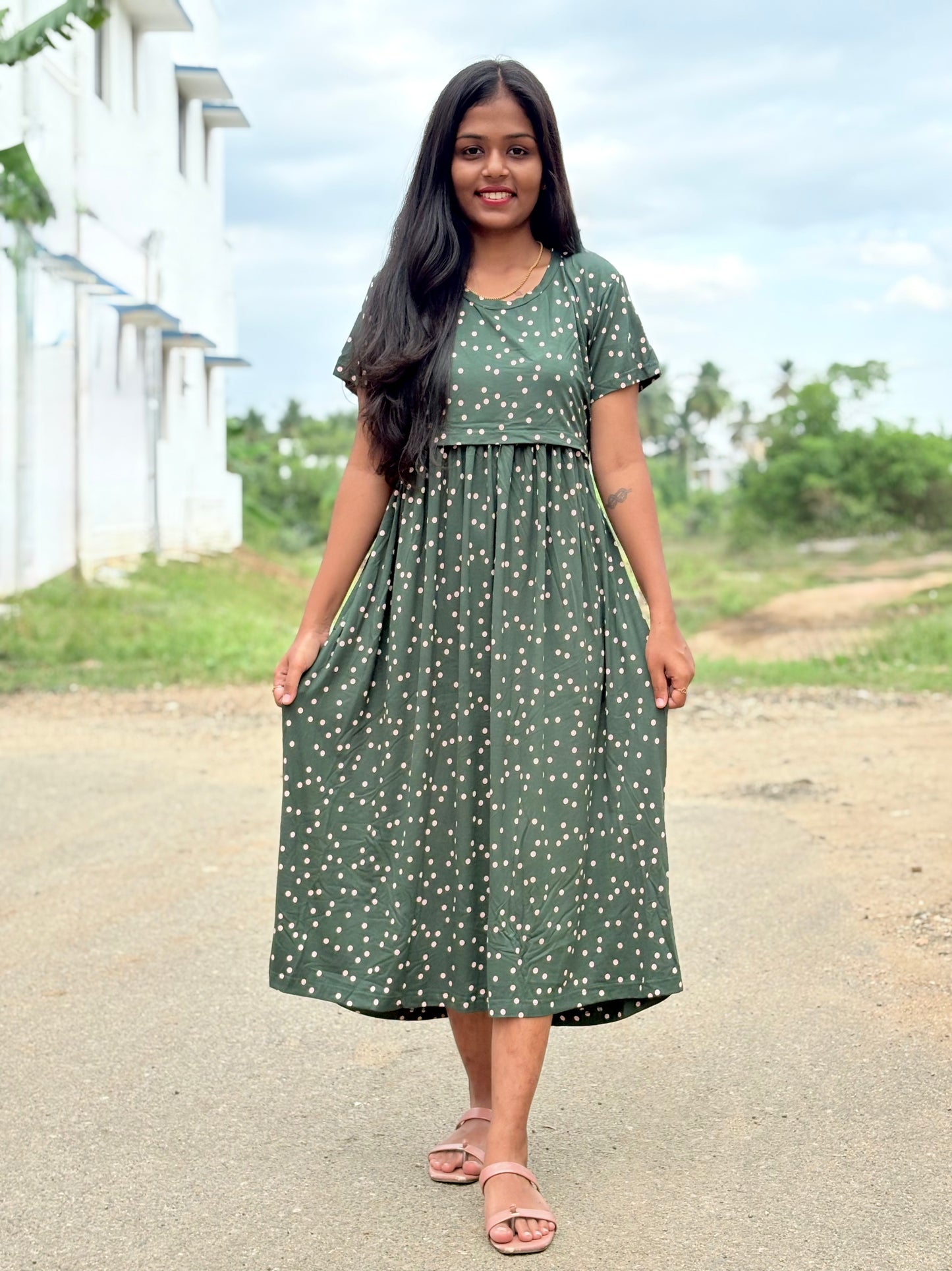 Green Dots Calf Length Maxi