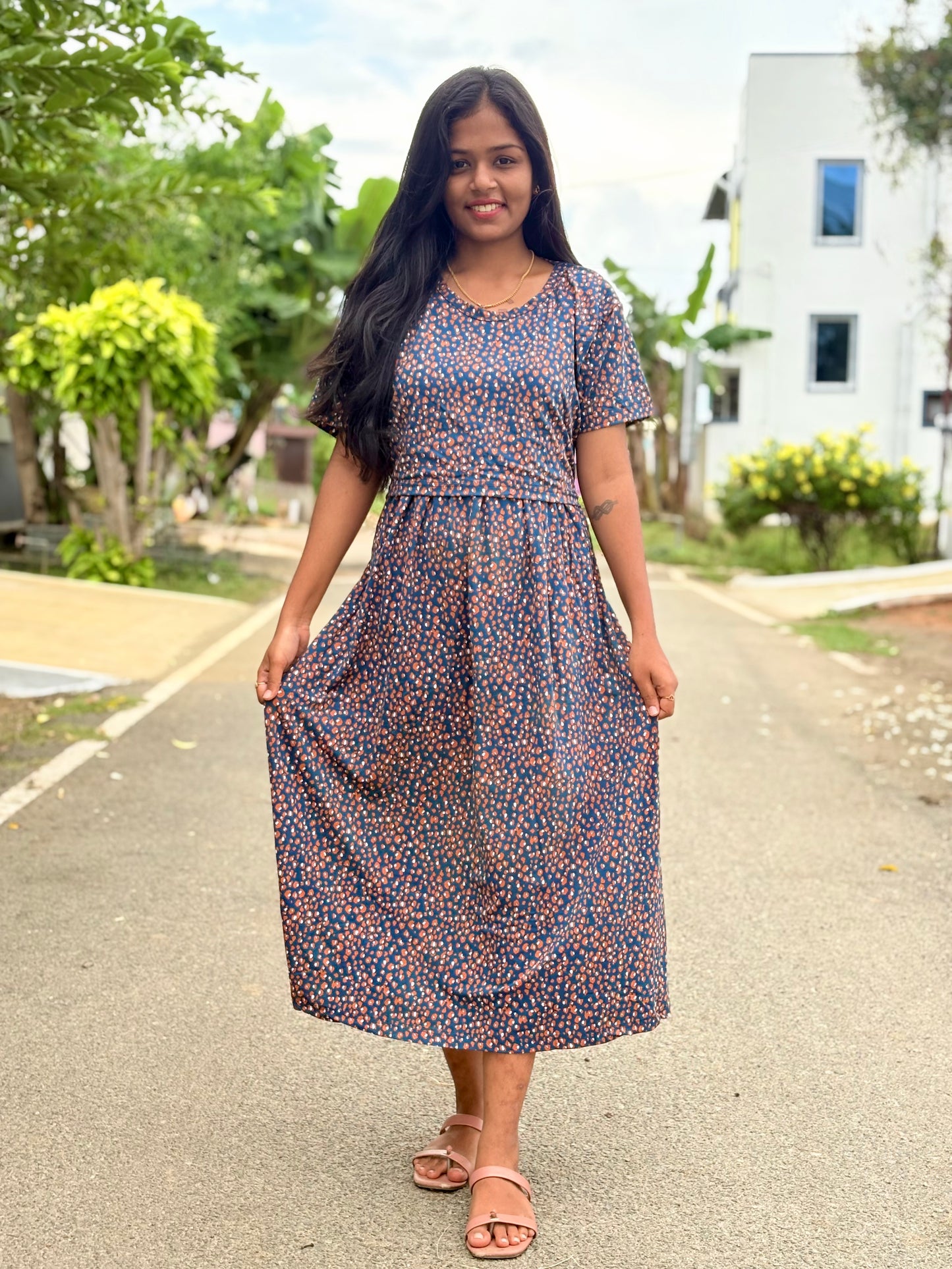 Blue Animal Print Calf Length Maxi